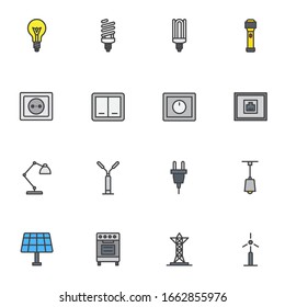 Elektrische Komponenten gefüllt Umrisssymbole Set, Linie Vektorillustration Symbol Sammlung, lineares farbiges Piktogramm Paket. Zeichen, Logo-Illustration, Set enthält Symbole wie Glühbirne, Energiesparlampe, Sockel 