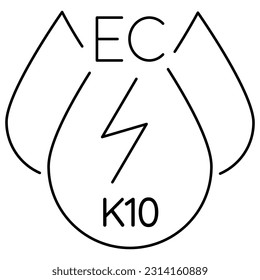 Electrical Conductivity EC K10 calibration icon for measuring water quality. Simple vector black symbol with thin lines isolated on transparent background. Line thickness editable
