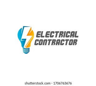 Electrical contractor light bulb and lightning logo design. Electric light, construction, current and electricity. vector design and illustration