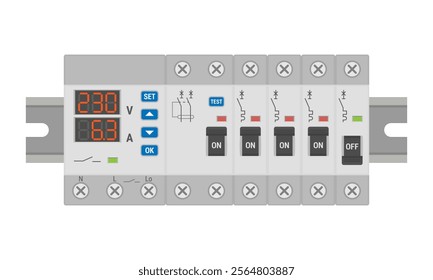 Electrical control panel with voltage relay and circuit breakers mounted on a DIN rail. Flat style vector illustration isolated on white