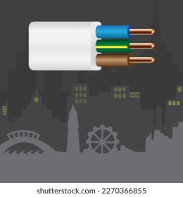 electrical copper wire on city background.