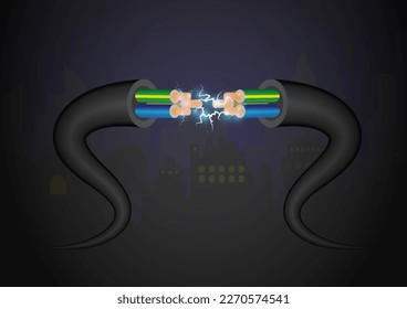 electrical copper wire on city background.