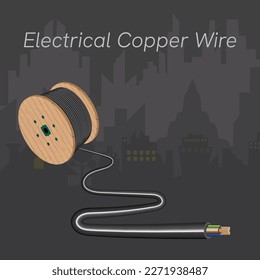 electrical copper wire on city background.