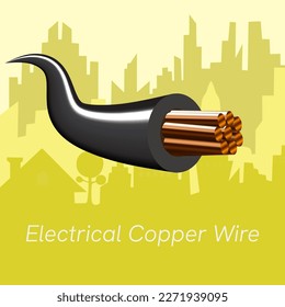 electrical copper wire on city background.