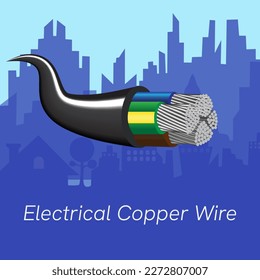 electrical copper wire on city background.