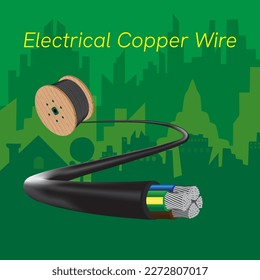 electrical copper wire on city background.