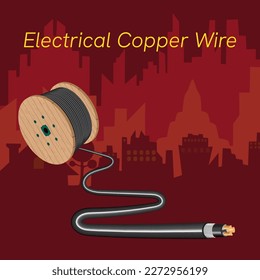 electrical copper wire on city background.