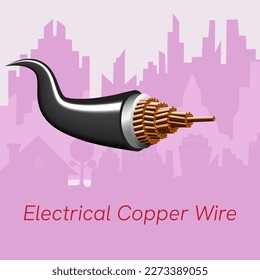 electrical copper wire on city background.