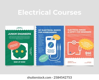Electrical courses engineer wiring and safety poster design template set vector flat illustration. Technical electronics engineering repair energy voltage installation learning education advertising
