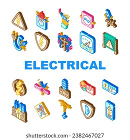 electrical danger voltage icons set vector. hazard power, energy high, safety shock, warning volt, risk lightning flash triangle electrical danger voltage isometric sign illustrations