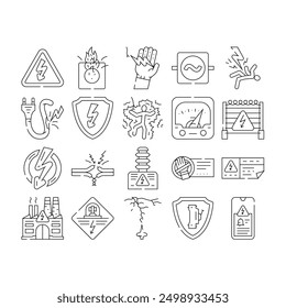 electrical danger voltage icons set vector. hazard power, energy high, safety shock, warning volt, risk lightning flash triangle electrical danger voltage black contour illustrations
