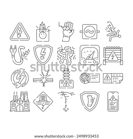 electrical danger voltage icons set vector. hazard power, energy high, safety shock, warning volt, risk lightning flash triangle electrical danger voltage black contour illustrations