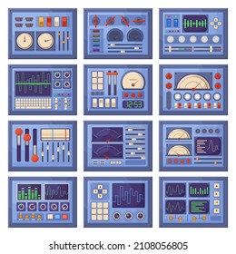 Electrical dashboard, control panels with charts, buttons and tuners. Retro control panels elements vector illustration set. Spacecraft interface