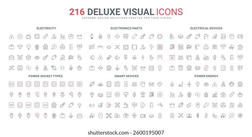 Electrical devices, electricians toolbox, power energy stations and transport, electricity line icon set. Electronic industry parts, smart system thin black and red outline symbols vector illustration
