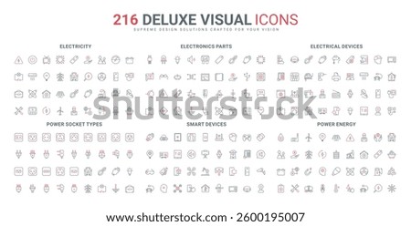 Electrical devices, electricians toolbox, power energy stations and transport, electricity line icon set. Electronic industry parts, smart system thin black and red outline symbols vector illustration