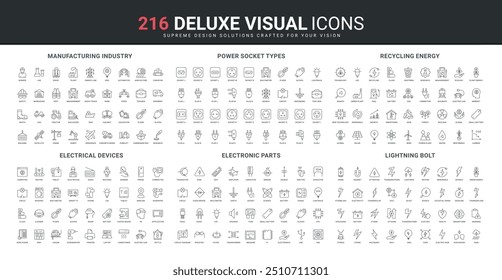 Electrical devices, manufacturing and transport, power socket types line icon set. Lightning sigs, electricians and worker toolbox, machines and thin black outline symbols vector illustration