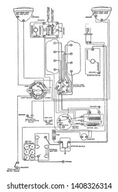 Diagrama eléctrico para la instalación de arranque y alumbrado Gray & Davis en la ilustración de dibujo o grabado de línea inmaculada o vintage.