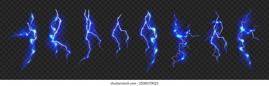 Electrical discharge, bursts of energy or electricity. Vector isolated set of realistic flashes and sparkles, glowing and shining. Lightning or powerful natural phenomena, transparent background