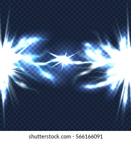 Electrical discharge with lightning beam isolated on checkered transparent background . High voltage current illustration