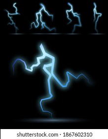 electrical discharge of lightning strikes the ground. Thunderstorm, electricity, lightning glow effect for any dark background. Vector