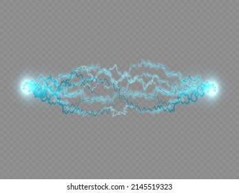 Descarga eléctrica con polvo estelar brillante. Efecto de luz natural, brillante. Un relámpago trueno relámpago choca con un fondo transparente. Tornillo de iluminación azul neón decorativo. Vector