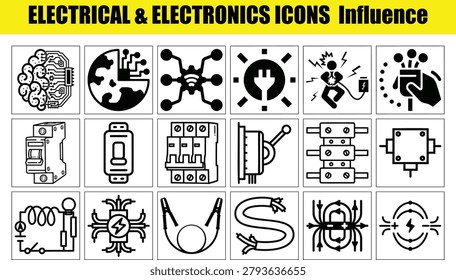 Electrical and electronics icons in black and white on white background
