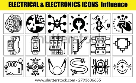 Electrical and electronics icons in black and white on white background