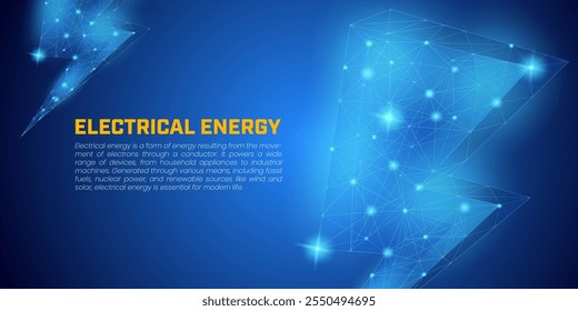 Electrical energy background with wireframe particle style lightning symbol, Digital battery in dark blue background suitable for illustrations of energy, electricity, electronic devices and fuel.