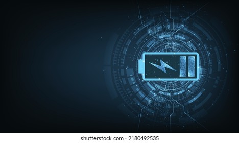  Design des elektrischen Energiekonzepts auf dunkelblauem Hintergrund.Batteriesymbole auf blauem Hintergrund.Energieeffizienz, Vektorgrafik.