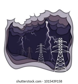 Electrical energy concept. Electric power lines and lightning on dark purple cloudy background. Types of energy for kids, part 1. Paper cut out vector illustration. 