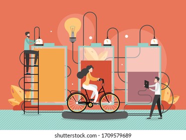 Electrical energy concept vector flat illustration. Light bulb, rechargeable batteries, male and female characters charging electric bicycle, tablet. Electric power consumption.