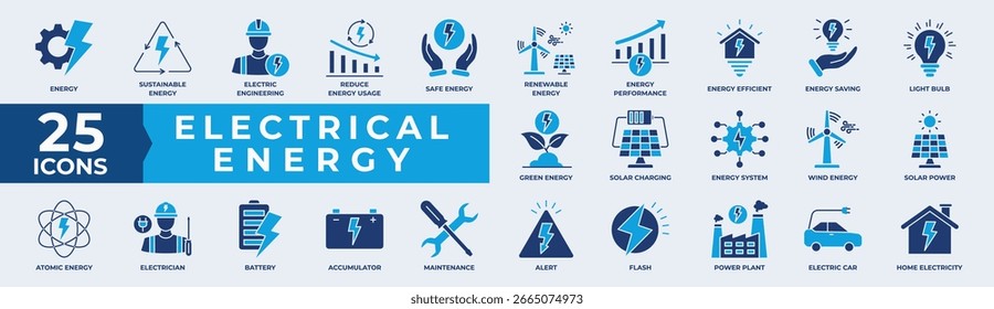 Conjunto de coleta de ícones planos de energia elétrica. Contendo energia elétrica, energia, bateria, solar, renovável, sustentável, solar, energia segura e desempenho. Ilustração simples de vetor plano.