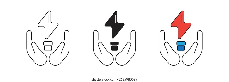 Electrical energy in hand icon set. Hand icon holding electricity.