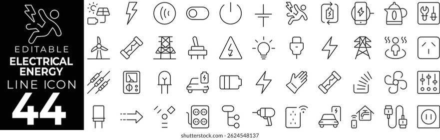 Electrical Energy icon set with editable stroke. Electricity and power energy thin line icon collection. Vector illustration