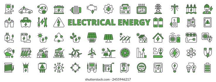 Electrical energy in line design, green. Electrical, energy, icons, charge, industry, battery, solar panel, green, electricity on white background vector. Electrical energy editable stroke icons.