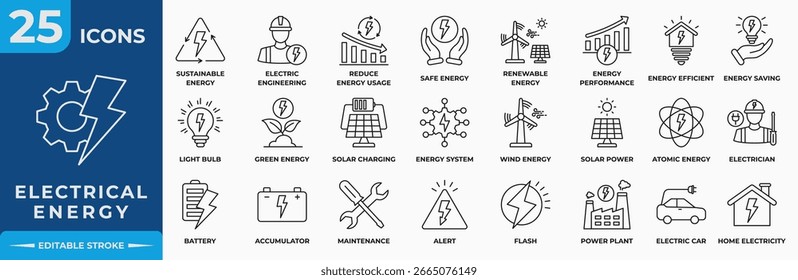 Icon-Set für die elektrische Energieleitung. Enthalten Strom, Energie, Batterie, Solar, erneuerbare, nachhaltige, Sonne, sichere Energie und Leistung. Einfache Linienvektorgrafik.