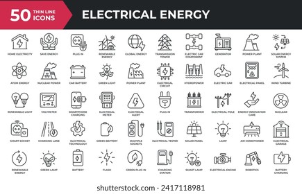 Iconos de línea delgada mínimos de energía eléctrica. Electricidad relacionada, renovable, ambiental, planta de energía. Ilustración vectorial.