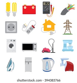 Electrical energy in our lives, icons and characters. Domestic electric appliances, set for infographics.
