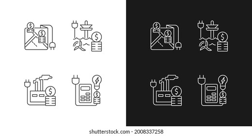 Electrical energy purchase expense linear icons set for dark and light mode. Electricity consumption. Customizable thin line symbols. Isolated vector outline illustrations. Editable stroke