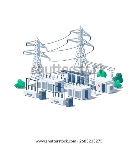Electrical energy substation with transformer grid cables and pillars. High-voltage facility electric station for electricity distribution. Vector illustration isolated on white in isometric style.