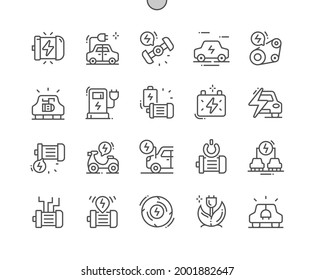 Electrical engine. Electric motor and car. Timing belt. Eco car. Industrial engineering. Pixel Perfect Vector Thin Line Icons. Simple Minimal Pictogram