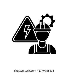 Electrical engineer black glyph icon. Technical professional for machinery maintenance. Technician to repair system. Worker in hardhat. Silhouette symbol on white space. Vector isolated illustration