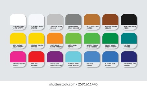 Electrical Engineer Color Guide Palette with Color Names. Catalog Sample Electrical Engineers with RGB HEX codes and Names. Electrical Engineer Color Palette, Fashion Trend Electrical Color Palette