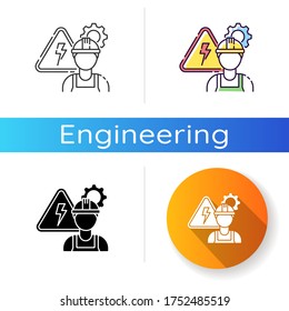 Electrical engineer icon. Technical professional for machinery maintenance. Technician to repair system. Machinery operator. Linear black and RGB color styles. Isolated vector illustrations