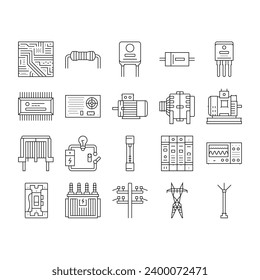 iconos de trabajo de la industria de ingeniería eléctrica conjunto vector. tecnología técnica, ingeniería de equipos, mantenimiento industrial, ingeniería eléctrica de trabajadores de servicios trabajo ilustraciones de contorno negro