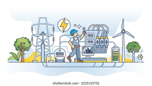 Ocupación de ingeniería eléctrica para el mantenimiento de electricidad o el concepto de resolución de problemas de línea de alimentación de voltaje. Conocimiento técnico y educación sobre la ilustración vectorial de instalaciones eléctricas.