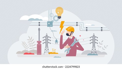 Electrical engineer profession work with electricity tiny person concept. Job with power station line mechanical maintenance, fix or inspection for high voltage electrical flow vector illustration.