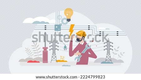 Electrical engineer profession work with electricity tiny person concept. Job with power station line mechanical maintenance, fix or inspection for high voltage electrical flow vector illustration.
