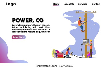 electrical engineer repair a electric tower with engineer team. electrical service Landing Page Concept. Suitable for landing page web template. Flat Cartoon Vector Illustration