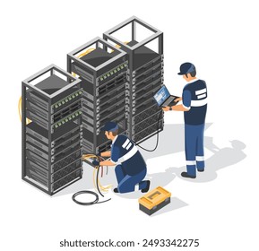 sistema eléctrico de la instalación del ingeniero eléctrico y de la Asistencia de ti en la ilustración aislada isométrica del concepto industrial de la sala de servidores sobre fondo blanco